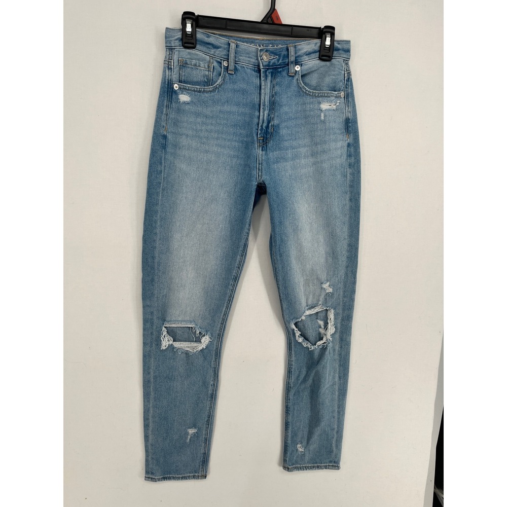 American Eagle Mom Jeans Womens 2 Regular Light Wash Distressed High Rise Blue